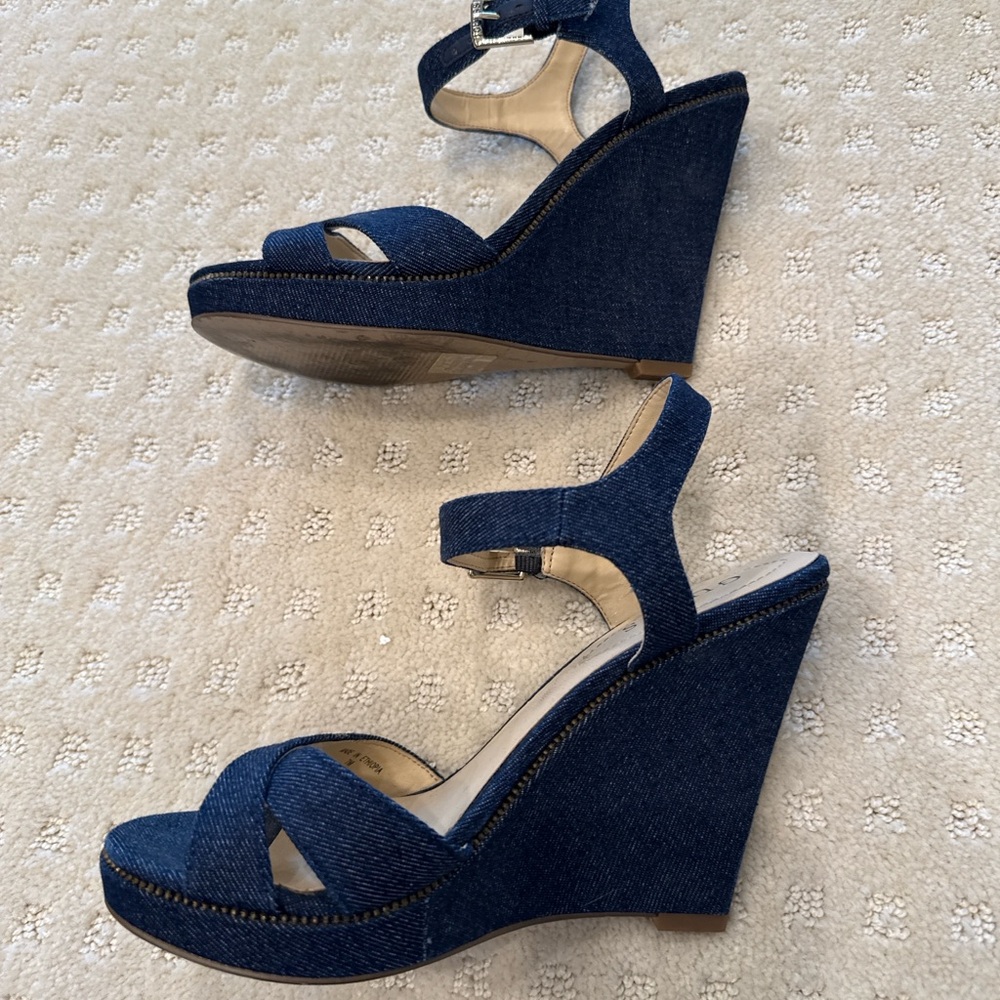 Guess Denim Wedge Sandals Ankle Strap Heels Size 7M - Picture 5 of 7
